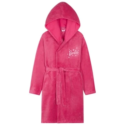 Image of Barbie Girls Teenagers Fleece Dressing Gown with Hood &amp; Pockets, Cosy Robe Fluffy Loungewear Nightwear Gifts for (Pink, 9 10 Years)