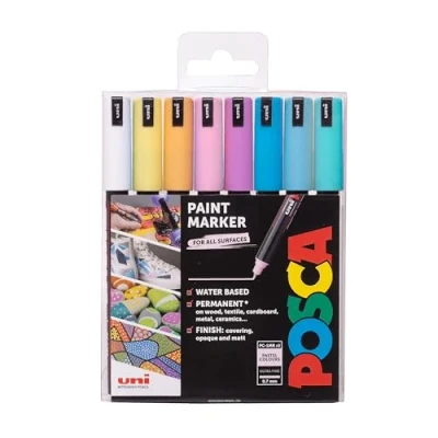Image of Posca PC 1MR Water Based Permanent Marker Paint Pens. Premium Ultra Fine Tip for Arts and Crafts. Multi Surface Use On Wood, Metal, Paper, Cardboard, Glass, Fabric, Ceramic &amp; Stone. Set of 8 Pastel