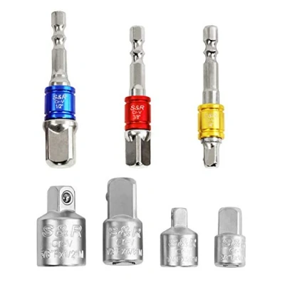 Image of S&amp;R 7 Piece Socket Adapter Set with Holder Chrome Vanadium Steel for Professional Use Hex to Square and Adapters