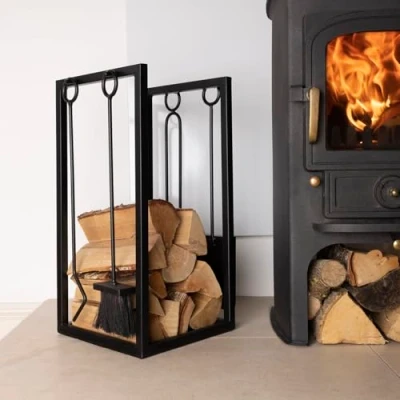 Image of CHARLES BENTLEY Log Holder, Snug, Hornbeam, Wood Fireside, Companion Set, Iron, Tool Stand, Tongs, Brush, Poker, Shovel, Black, Matte, Traditional, Two In One, 10kg Logs (60x37x30cm)