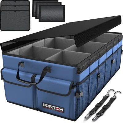 Image of FORTEM Car Boot Organiser, Storage Accessories, Collapsible Multi Compartment Tidy, Non Slip Bottom, Adjustable Securing Straps (Blue, X Large)