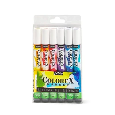 Image of Pebeo Set of 12 Colorex Watercolor Velvet Finish Primary Ink Multi Tool Drawing All Media Additional Color Marker, Détails en Description, Non Applicable