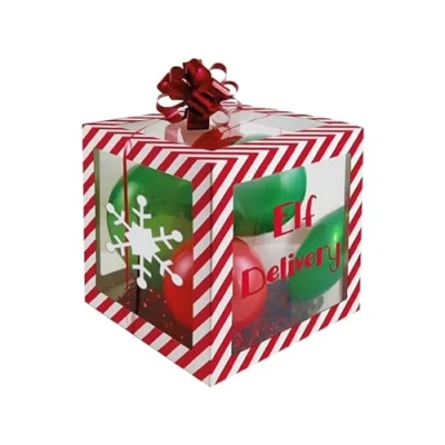 Image of Christmas Elf Arrival Balloon Box with 4 Balloons &amp; 6 Adhesive Icons Xmas Decoration Transparent Boxes Ideal for Parties Baby Shower Sold By VR Angel