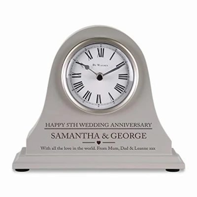 Image of De Walden 5th Wedding anniversary couple gift Engraved Grey Wood Mantel Clock