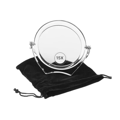Image of Fantasia Travel Standing Mirror Acrylic with Metal Handle Collapsible 15x Magnification Diameter 10 cm Height 12
