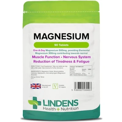 Image of Lindens 500mg Magnesium Tablets 90s 1 a Day Made in The UK Tiredness, Muscle Function, Energy, Bones, Teeth, Nervous System Letterbox Friendly Vegan