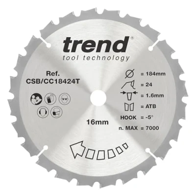 Image of Trend Wood Cordless Mitre Saw Blade, 184mm Diameter, 16mm Bore, 24 Teeth, TCT, 1.6mm Kerf, 5 Hook, CSB/CC18424T