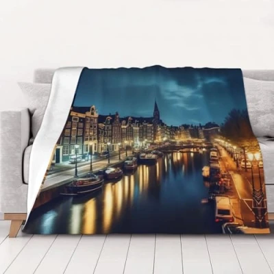 Image of Amsterdam Night View Print Fleece Blanket Warm Soft Flannel Throw Lightweight Sofa for Bed Couch 50&quot;x40&quot;