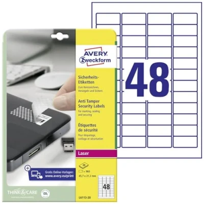 Image of Avery Zweckform L6113 20 Anti Tamper Security Labels Sheets / 960 45.7 x 21.2 mm White