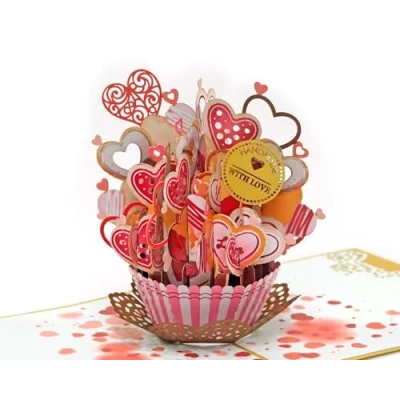 Image of Love Heart Cupcake Pop Up 3D Card. Romantic valentines greeting card for Her,Girlfriend,Wife,Him, Boyfriend,Husband. 15cmx15cm