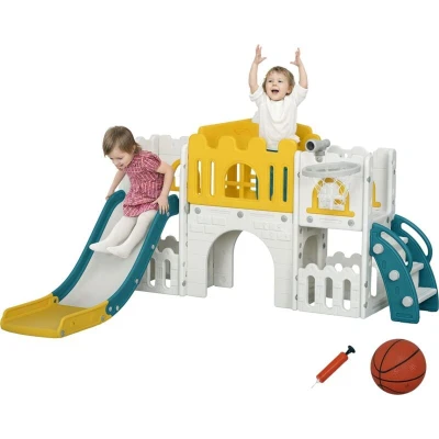 Image of AIYAPLAY Kids Slide, 7 in 1 Toddler Slide for Indoor Use, with Basketball Hoop, Climber, Telescope, Tunnel, Steering Wheel, platform Aisle, Storage Basket, Ages 3 Years, Yellow