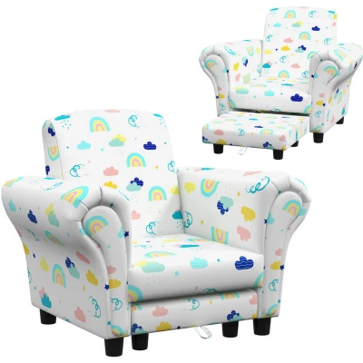 Image of AIYAPLAY Kids Armchair with Stool, 2 Piece Sofa Set Cloud Design, Wooden Frame, Upholstered Chair for Bedroom, Playroom, Kid Room, 1.5 3 Years Old, White