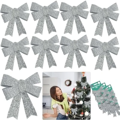 Image of 9PCs Christmas Small Glitter Bows, Luxury Bows for Tree Decor, Xmas Ornaments Home Party Size 11cm (Silver)