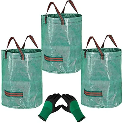 Image of 3Pcs 272L Heavy Duty Large Garden Waste Bags (H76cm,D67cm)&amp;1 Gardening Gloves,Refuse Rubbish Bag Reusable Sacks,Grass Cutting Leaf Sacks with Handles