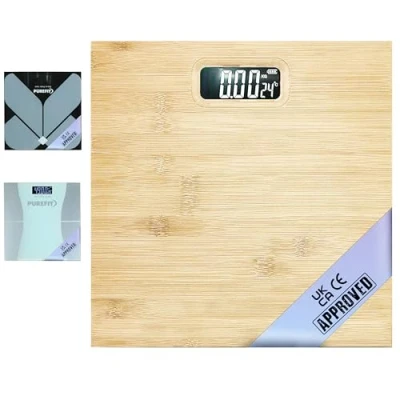 Image of PUREFIT Digital Bathroom Scale for Measuring Body Weight Bamboo Style Ultra Slim, High Precision, Smart with LED Display Weighing Battery Included LB/KG/ST Max 180KG