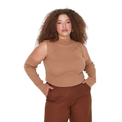 Image of Trendyol Women&#039;s Woman Fitted Bodycon Crew Neck Knitwear Plus Size Blouse Shirt, Brown, 2XL