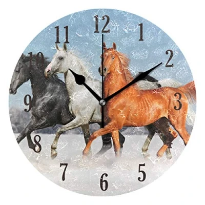 Image of Mnsruu Round Horse Pattern Silent Wall Clock Decorative, Battery Operated Easy to Read for Indoor Living Room Bedroom