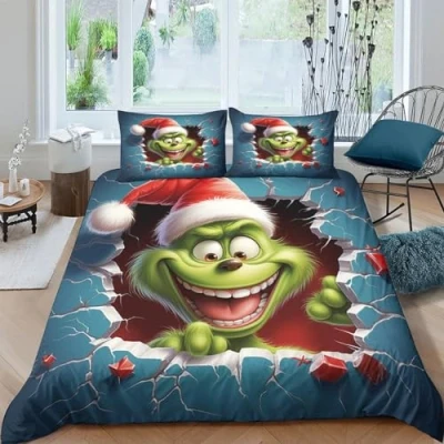 Image of ITOMEN Christmas Grinch Duvet Cover Comforter Covers Quilt for Boys Girls 3D Print with Pillow Cases Zipper Closure Soft Microfiber Bedding Set 3 Pieces Double（200x200cm）