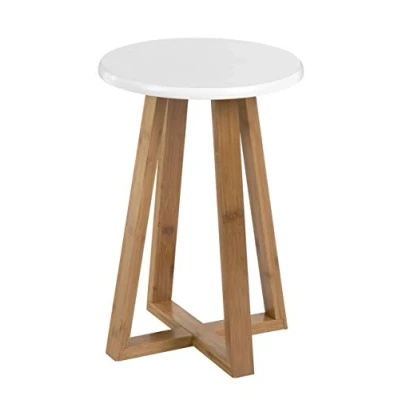 Image of Premier Housewares Bamboo Kitchen Stool Wooden Bar Round Stools Chair White 43H x 30W 30D cm