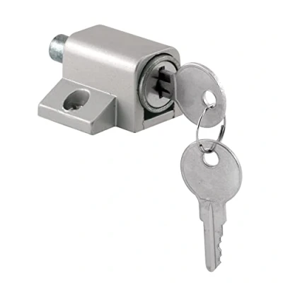 Image of PRIME LINE U 9861 Door, Aluminum Finish Push in Sliding Patio Door Lock, Keyed, Die Cast, Zinc Plated, 1 3/4