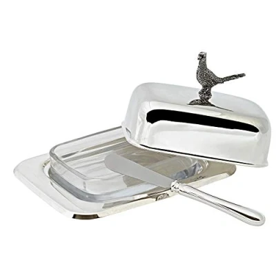 Image of EDZARD Butter Dish Pheasant for 250 Gram Butter, 5,1 x 7,1 in, Height 3,5 Silver Plated, high Gloss Polished, with Glass Insert, Including Spreader