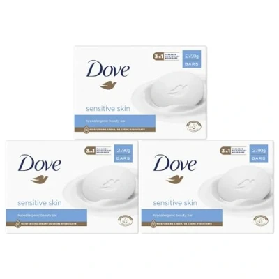 Image of Dove Hypoallergenic Beauty Cream Bar 3 in 1 Cleanses, Moisturises and Nourishes Sulphate Free Bath Soap for Soft Smooth Skin, Specially Made Sensitive Skin 2x90g, Pack