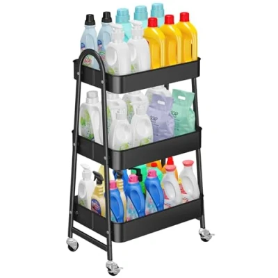 Image of Storage Trolley 3 Tier Metal on Wheels, Kitchen Trolley, Vegetable Rack, Utility Cart, Rolling Rack for Makeup Bathroom Office, Black