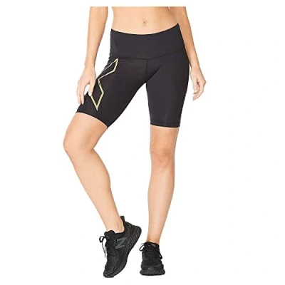 Image of 2XU Women&#039;s Light Speed Mid Rise Compression Shorts, Black/Gold Reflective, XL