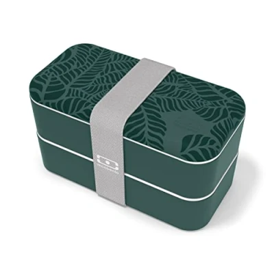 Image of monbento Bento Box MB Original Jungle with Compartments Made in France 2 Tier Leakproof Lunch for Work/School and Meal Prep BPA Free Food Grade Safe Nature Pattern Green