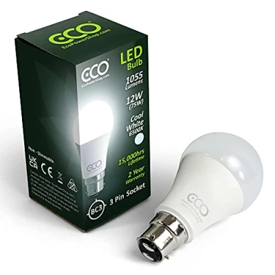 Image of 3 Pin BC3, Non DIMMABLE, 12W Energy Saving LED Light Bulb, 75W Equivalent, 15,000hrs Lifetime. (Cool White 6500K, 1x Pack)