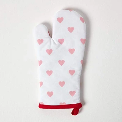 Image of HOMESCAPES Pure Cotton Oven Glove Hearts Red Pink 18 x 32 cm Fully Coordinated Washable Kitchen Linen