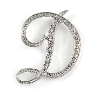 Image of &#039;D&#039; Rhodium Plated Clear Crystal Letter D Alphabet Initial Brooch Personalised Jewellery Gift 45mm Tall