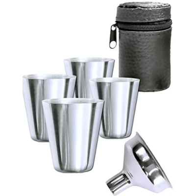 Image of Outdoor Saxx Stainless Steel Drinking Cups Set of 4 Shot Glasses and a Filling Funnel + Bag Ideal Leather 6oz Hip Flask Accessories