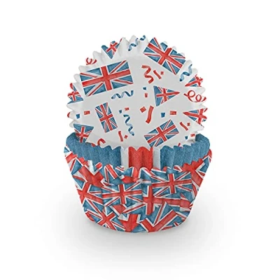 Image of Anniversary House Cupcake Cases, 75 Union Jack Coronation Baking Cups in Heavy Duty Greaseproof Paper, King Charles Decorations, J141, White &amp; Red