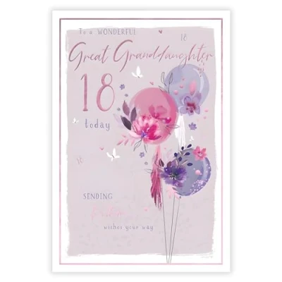 Image of Great Granddaughter 18th Birthday Card for Her Age 18 Floral Balloons and Butterflies Special Finishes Illustrated Insert Leaf Made in the UK Eco Friendly