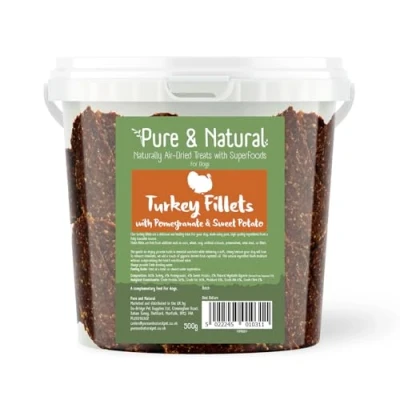 Image of Pure &amp; Natural Superfoods Air Dried Turkey Fillets Treats with Pomegranate Sweet Potato Dog for Pet Health Tub 500g