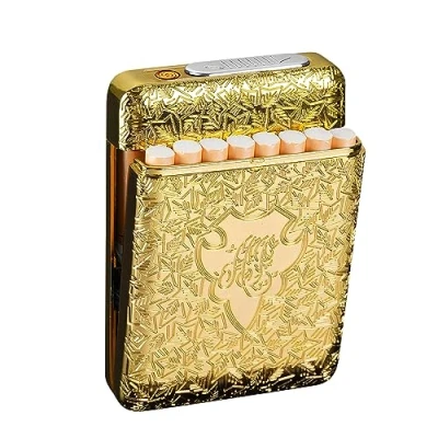 Image of Cigarette Case with USB Lighter 16 pcs 84mm Regular/King Size Cigarettes Electric Rechargeable Flameless Windproof Lighters (Gold)