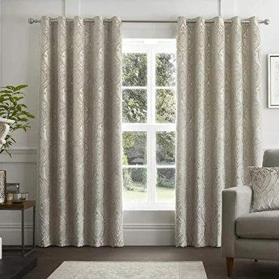Image of Curtina Natural Ivory Damask Curtains W66 x L54 (168 137cm) Cream Eyelet with Velvet Plush Pattern Traditional/Baroque Luxury &amp; Drapes for Bedroom/Living Room