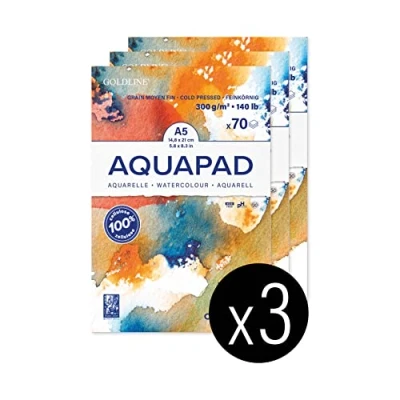 Image of Clairefontaine 975720C Goldline Aqua Pad Glued 70 Sheets White Watercolour Paper Medium Fine Grain A5 14.8 x 21 cm 300g Pack of 3 pads
