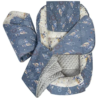 Image of 5pcs Set with Baby Nest 100x60x15cm Removable Insert Flat Cushion Blanket Babyhorn for Babies Newborns 100% Cotton Medi Partners (Dreamcatchers Grey Plush)