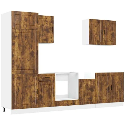 Image of vidaXL Kalmar 7 Piece Smoked Oak Engineered Wood Kitchen Cabinet Set Modern Storage Solution