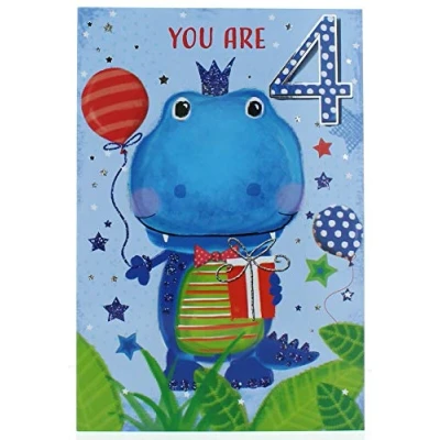 Image of Age 4 Boy Birthday Card 4th Dinosaur with Balloon &amp; Foil 7.75x5.25&quot;