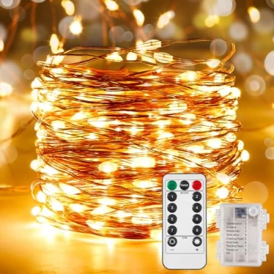 Image of Ariceleo 32.8ft 100 LED Fairy Lights 1 Pack, Waterproof, Warm White, Battery Operated String with Remote, Timer,Twinkle, Flexible Copper Wire for Outdoor, Bedroom, Wedding, Christmas Décor