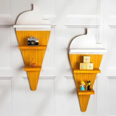 Image of HomeZone 2 Pack White Wooden Ice Cream Shaped Floating Shelves Wall Mounted Shelving Bedroom, Bathroom, Nursery Kids Storage Unit Hanging Home Decor Shelf