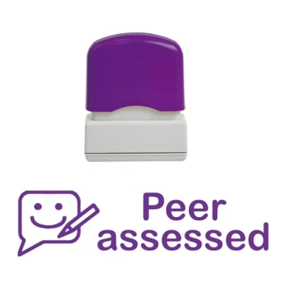 Image of Peer assessed Self Inking Teacher Stamp, Reinkable, Quality School Stamp 10x39mm Purple Ink