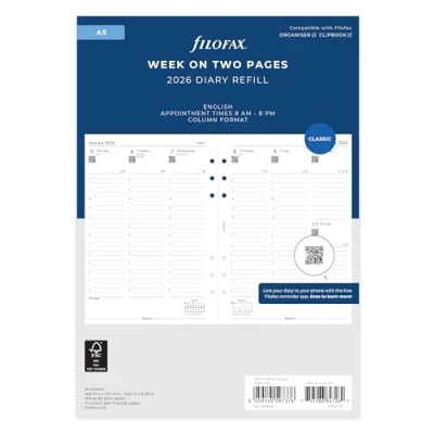 Image of Filofax A5 Week on two pages column format English 2026 diary 26 68521
