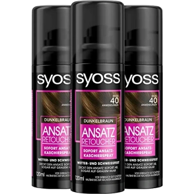 Image of Syoss Root Retoucher Concealer Spray Dark Brown Level 1 (3 x 120 ml), Covers Lighter and Grey Renewable Roots, Colour Lasts Until Next Hair Wash