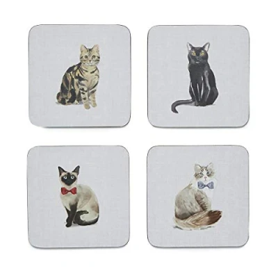 Image of Cooksmart Pack of 4 Drink Coasters British Designed Eco Cork Drinks For Modern Homes All Types Cups &amp; Mugs Curious Cats