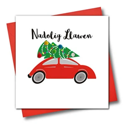 Image of Welsh Language Embellished Christmas Greeting Card, Nadolig Llawen, Happy Christmas, Tree On Car