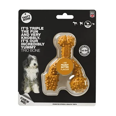 Image of TastyBone TrioBone Nylon Dog Chew Toy for Small Dogs (Peanut Butter) Indestructible Aggressive Chewers, Everlasting Flavour, Strong Healthy Teeth, Made in the UK